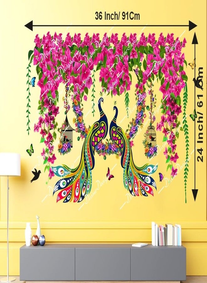 DivineDesigns PVC Vinyl Summer Pink Flowers Cage & Two Peacocks on Branch Self-Adhesive Wall Sticker for Home Decor/Decoration Living Room (Multicolor) - Image 3